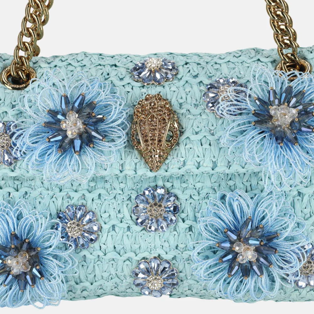 Kurt Geiger Kensington schoudertas raffia mini pale blue bij Duifhuizen