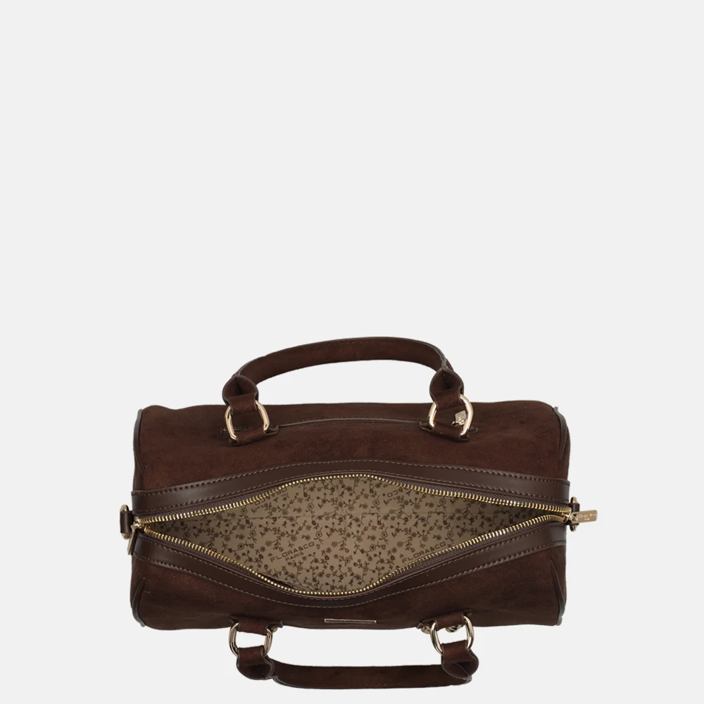 Flora & Co bowling suedine handtas studs chocolat bij Duifhuizen