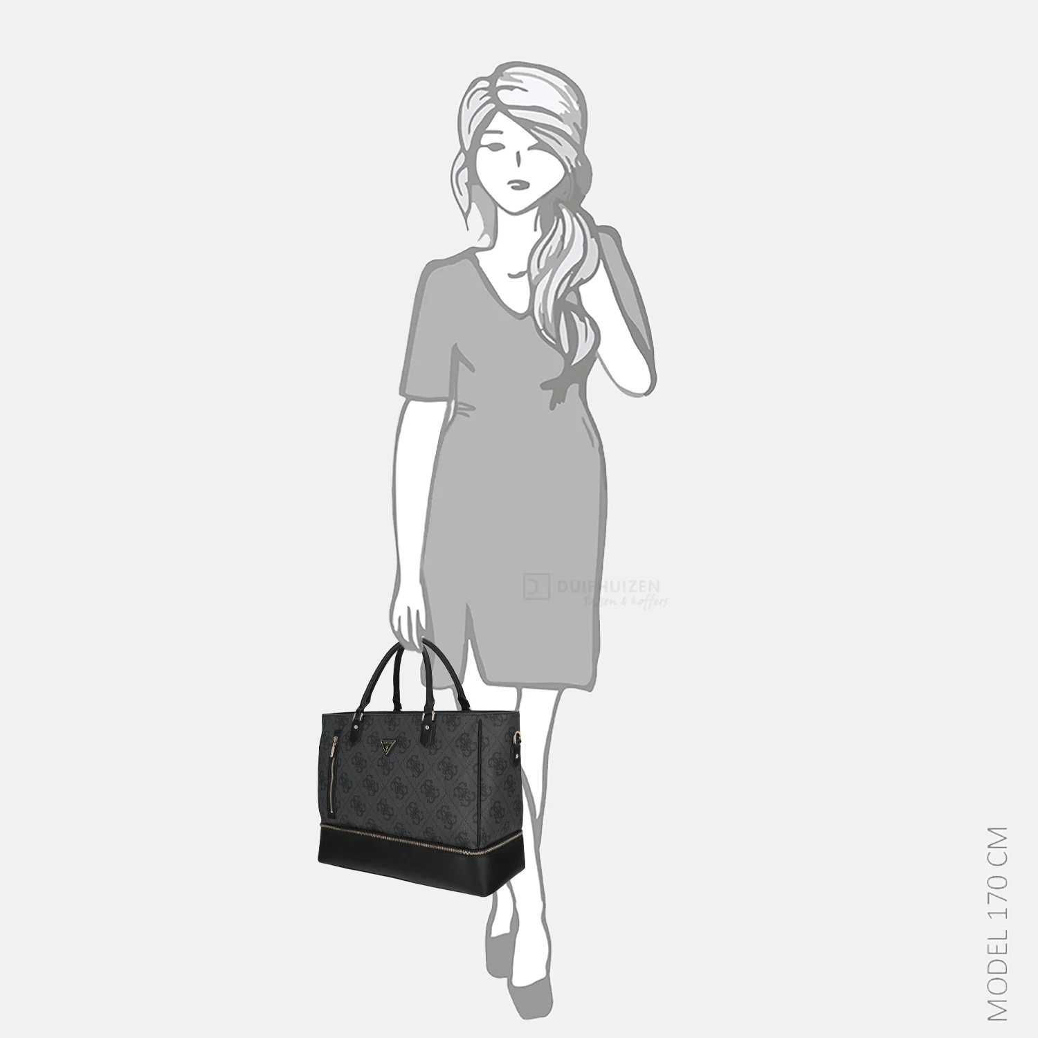 Guess Berta bottom zip tote shopper coal logo bij Duifhuizen