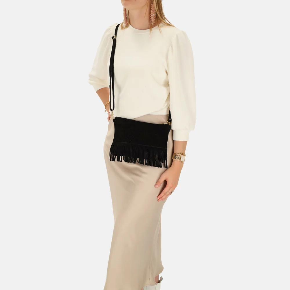 Charm London suède crossbody tas franjes zwart bij Duifhuizen