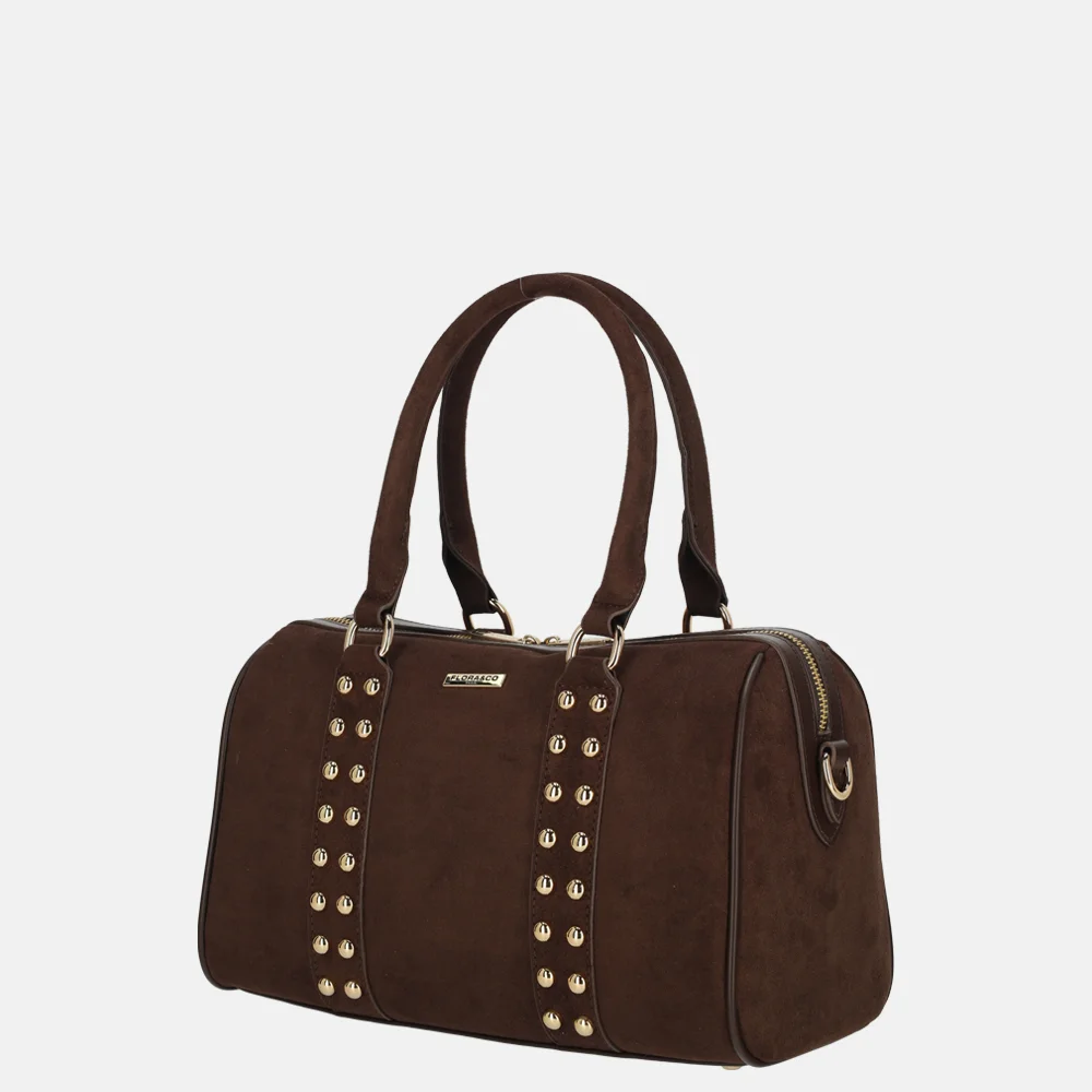 Flora & Co bowling suedine handtas studs chocolat bij Duifhuizen