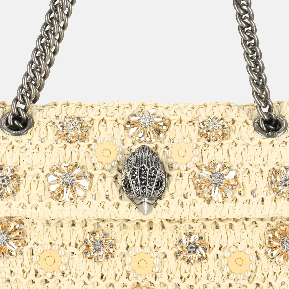Kurt Geiger kensington schoudertas raffia mini beige bij Duifhuizen