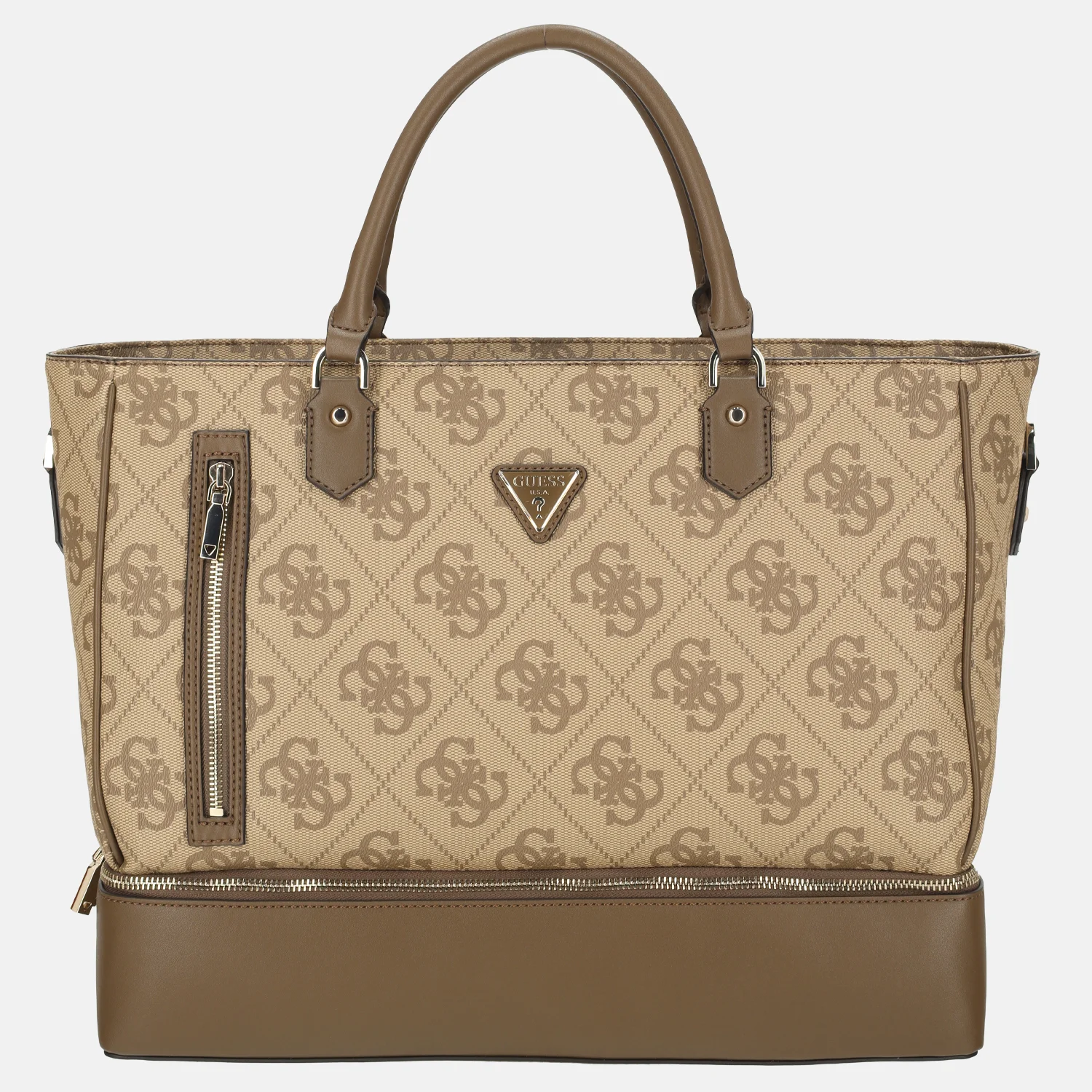 Guess Berta bottom zip tote shopper latte logo/brown bij Duifhuizen