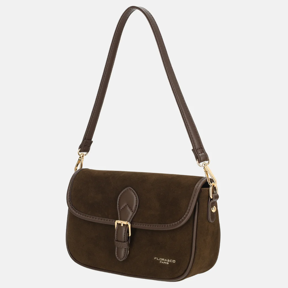 Flora & Co Suedine crossbody tas chocolat bij Duifhuizen