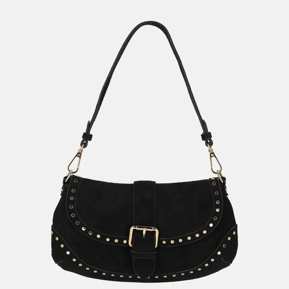 Flora & Co schoudertas overslag suedine studs noir bij Duifhuizen