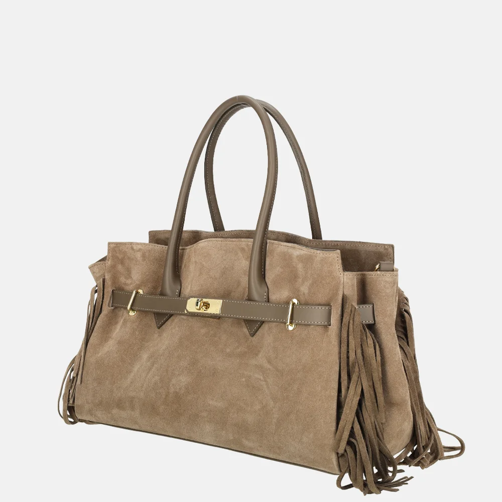 Charm London Suede handtas franjes darktaupe bij Duifhuizen
