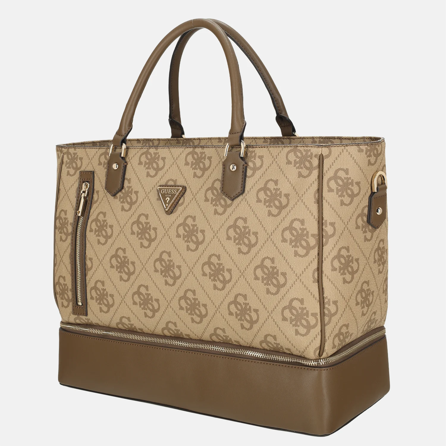 Guess Berta bottom zip tote shopper latte logo/brown bij Duifhuizen