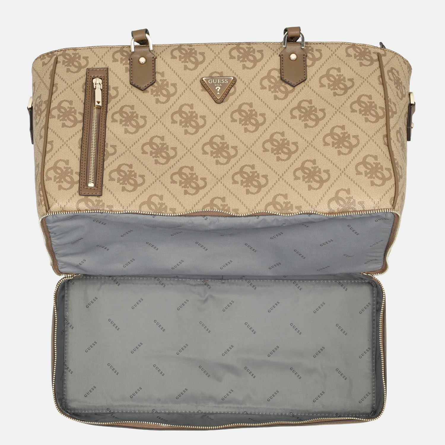 Guess Berta bottom zip tote shopper latte logo/brown bij Duifhuizen