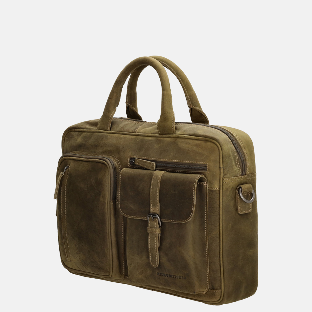 Hide & Stitches laptoptas 15.6 inch olive green bij Duifhuizen