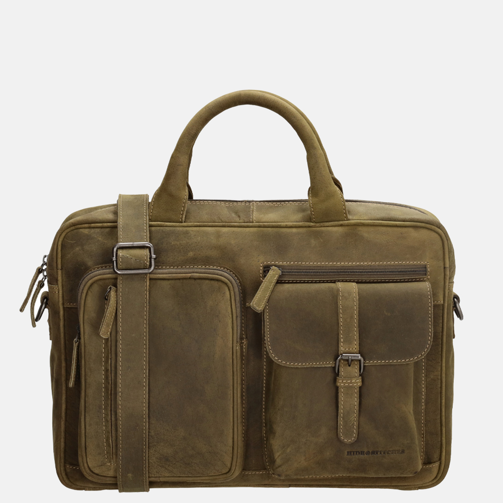 Hide & Stitches laptoptas 15.6 inch olive green bij Duifhuizen