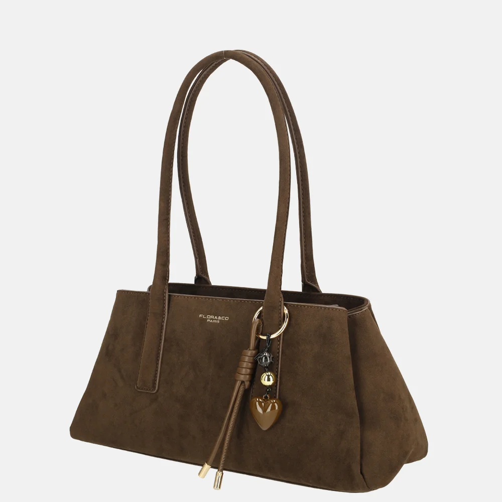 Flora & Co schoudertas suedine chocolat bij Duifhuizen