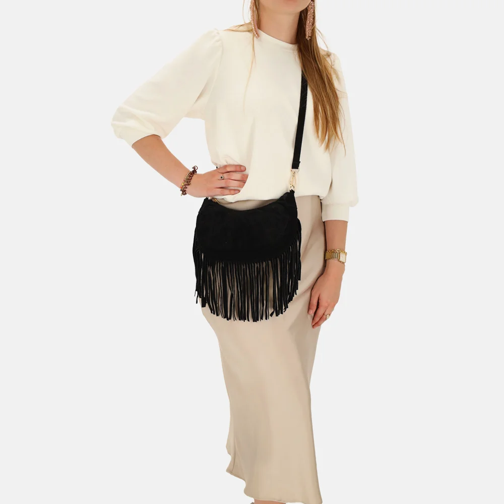 Charm London suède crossbody tas S franjes zwart bij Duifhuizen