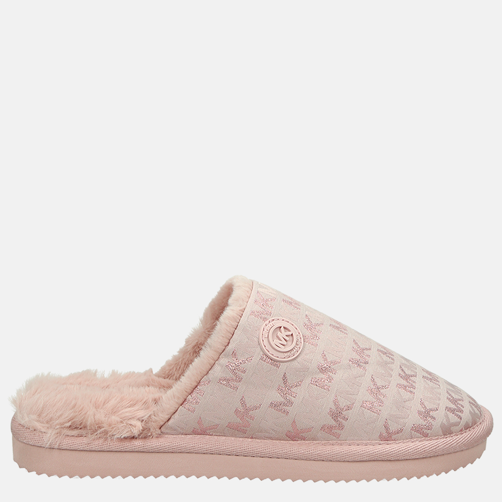 Michael Kors Janis metallic logo faux fur pantoffels soft pink | Duifhuizen