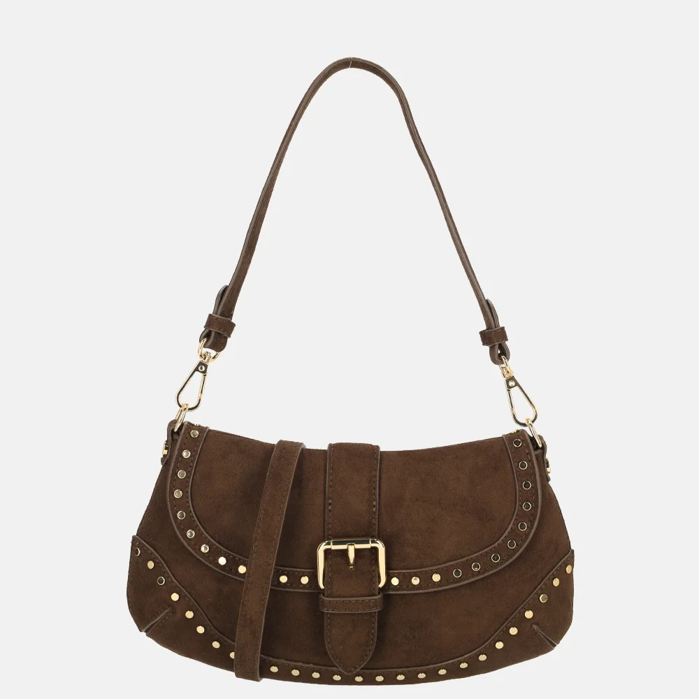Flora & Co schoudertas overslag suedine studs chocolat
