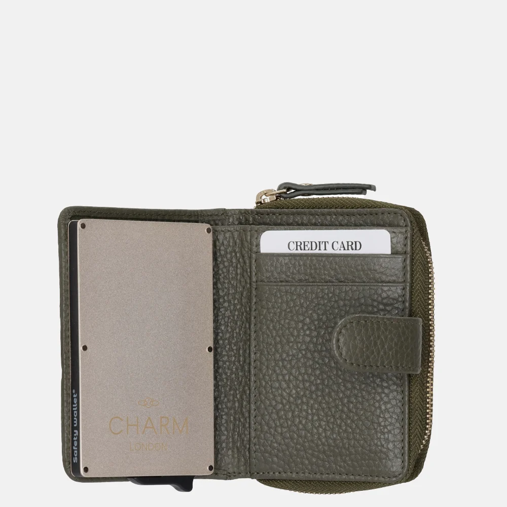 Charm London safety wallet portemonnee donkergroen bij Duifhuizen