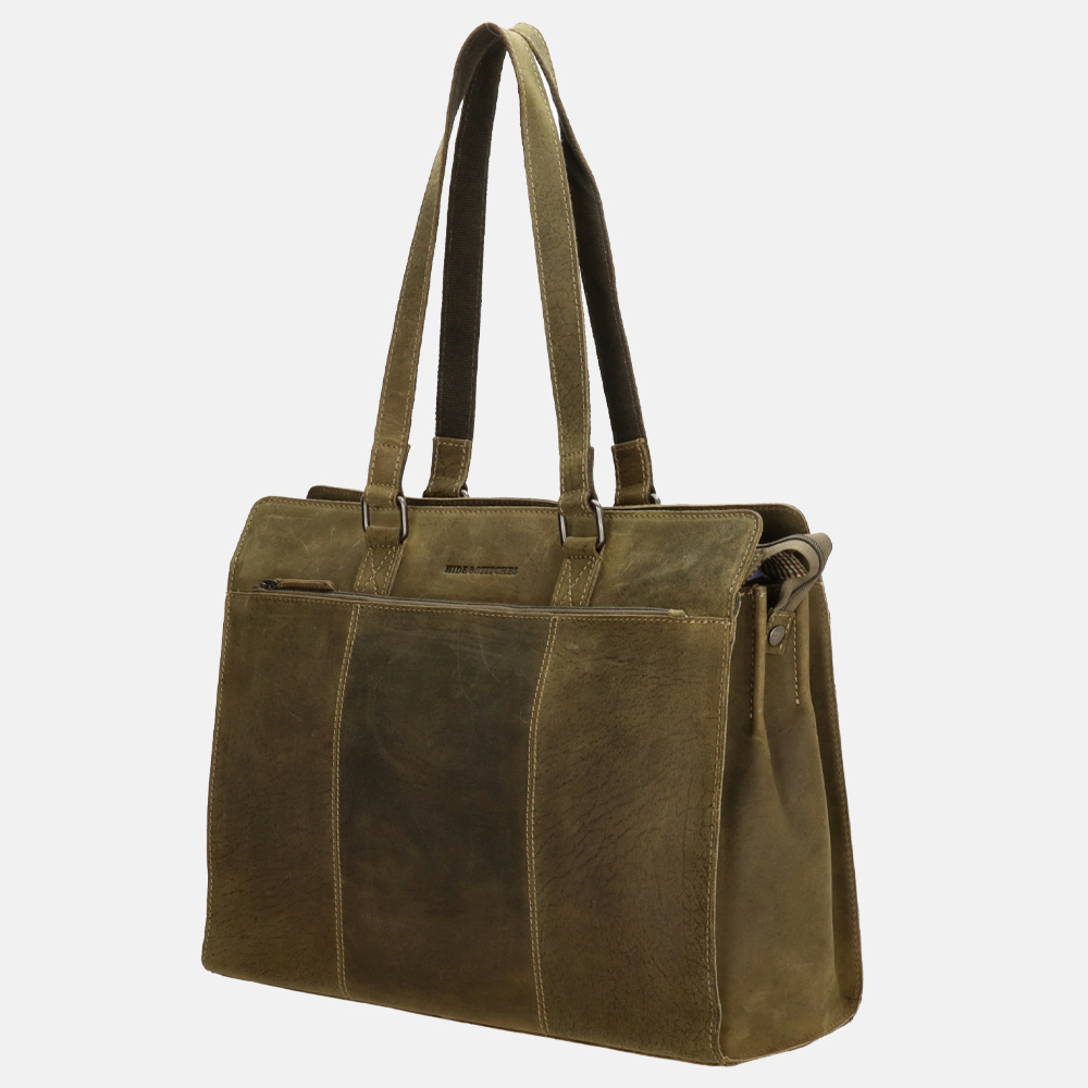 Hide & Stitches laptoptas 15.6 inch olive green bij Duifhuizen