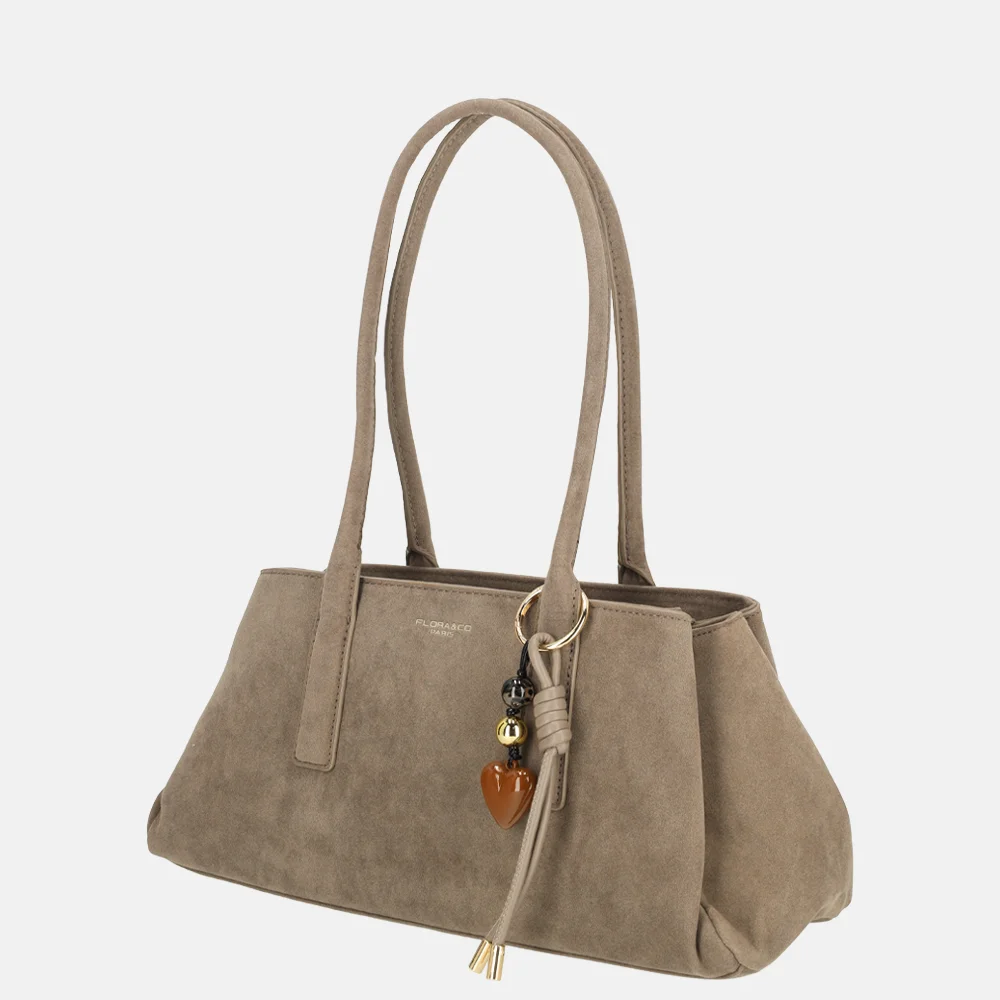 Flora & Co schoudertas suedine taupe bij Duifhuizen
