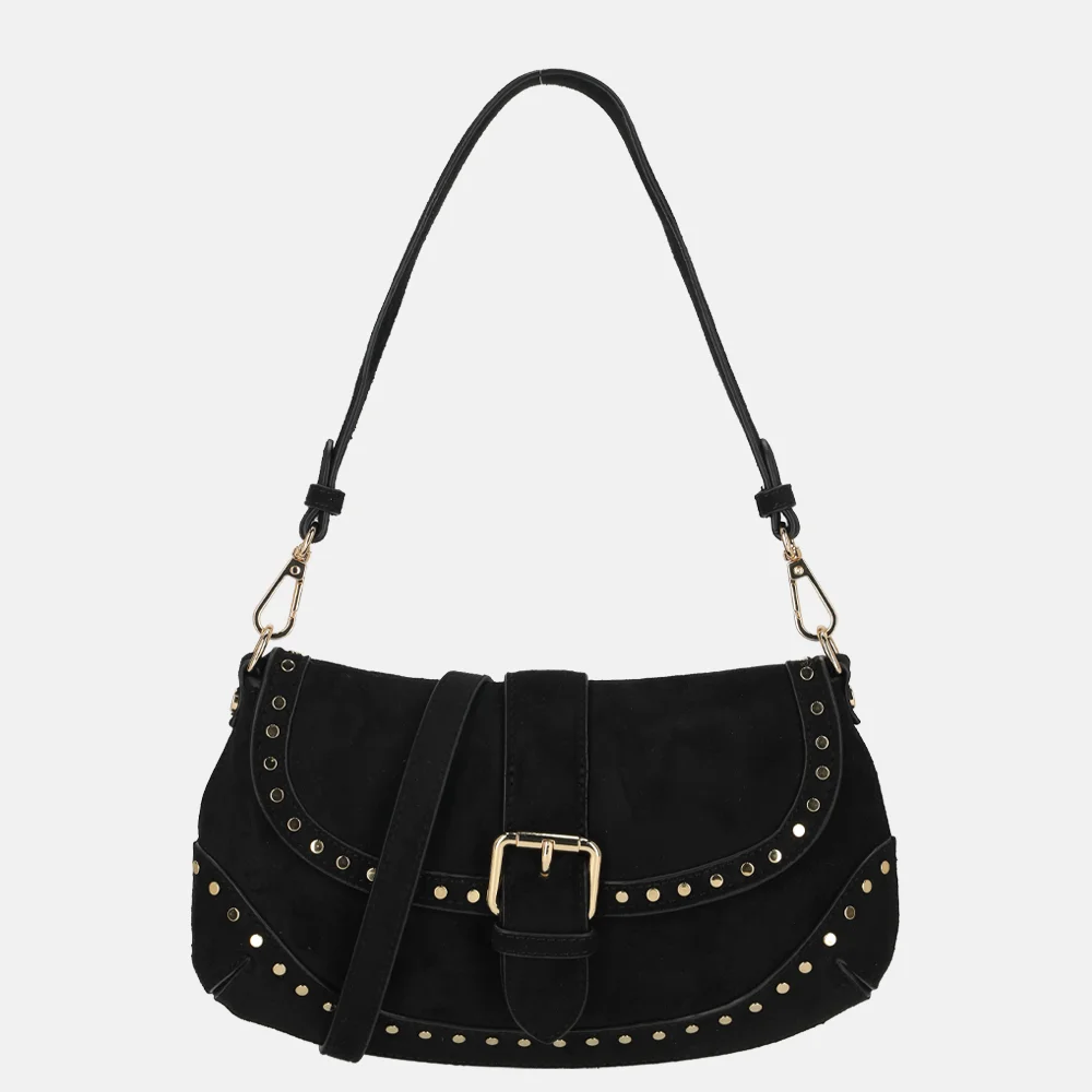 Flora & Co schoudertas overslag suedine studs noir