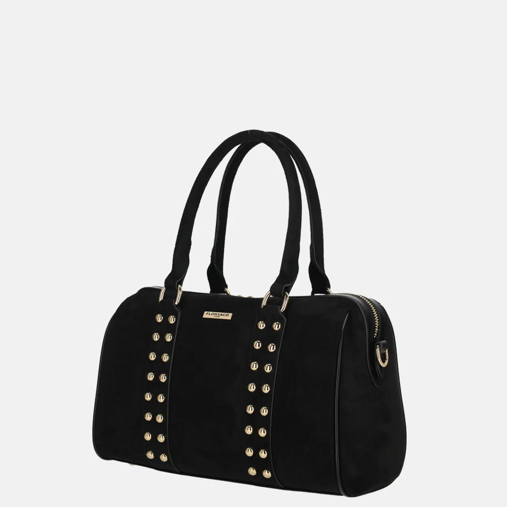 Flora & Co bowling suedine handtas studs noir bij Duifhuizen