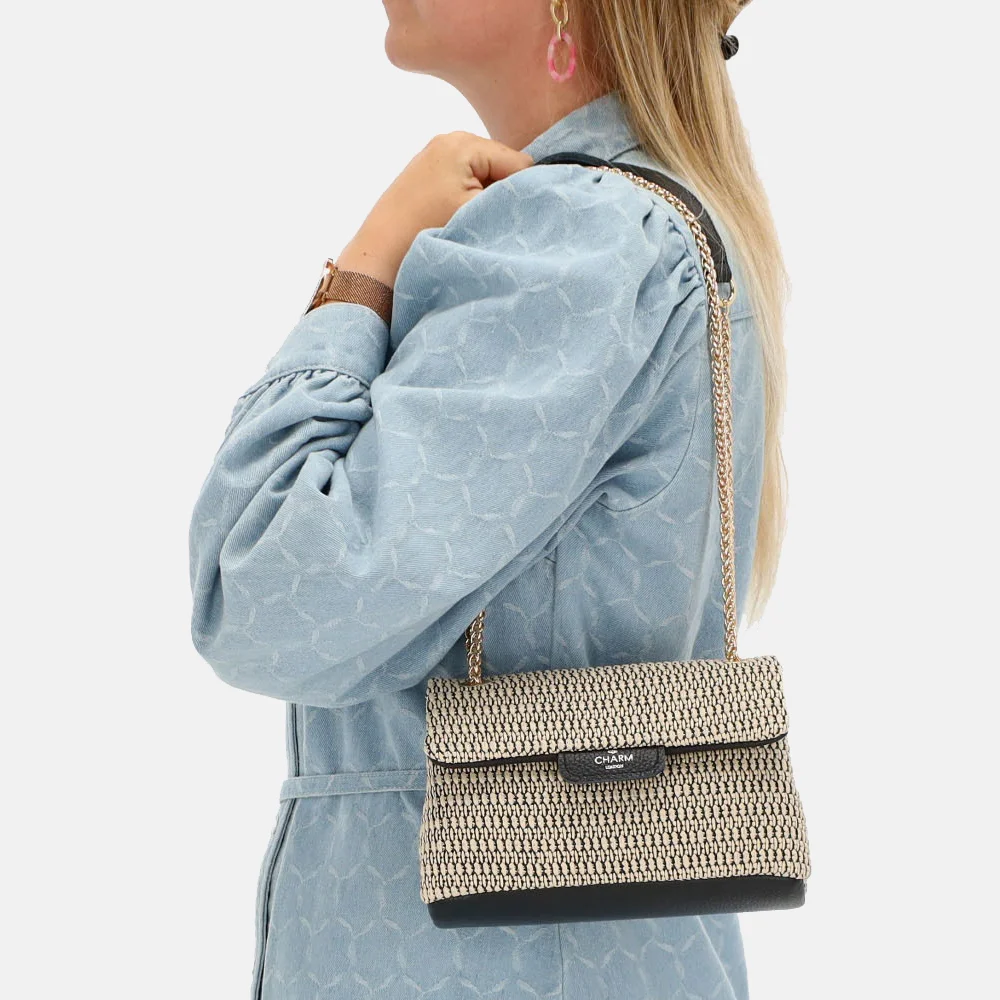 Charm London Raffia schoudertas zwart beige bij Duifhuizen