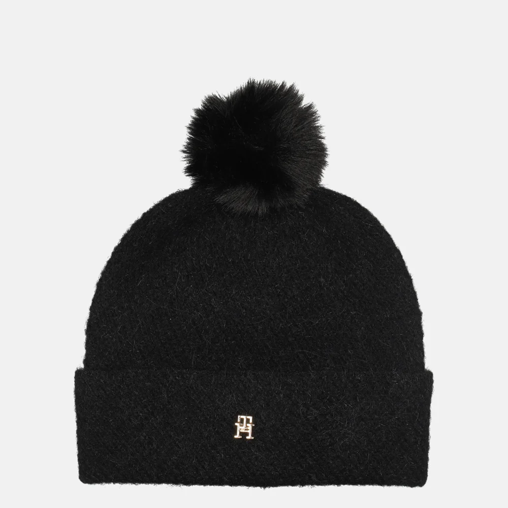 Tommy Hilfiger pom pom beanie muts black bij Duifhuizen