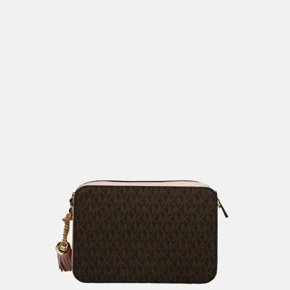 Michael Kors Jet Set camera bag crossbody tas brown/soft pink logo bij Duifhuizen