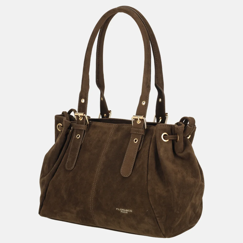 Flora & Co Suedine schoudertas chocolat bij Duifhuizen