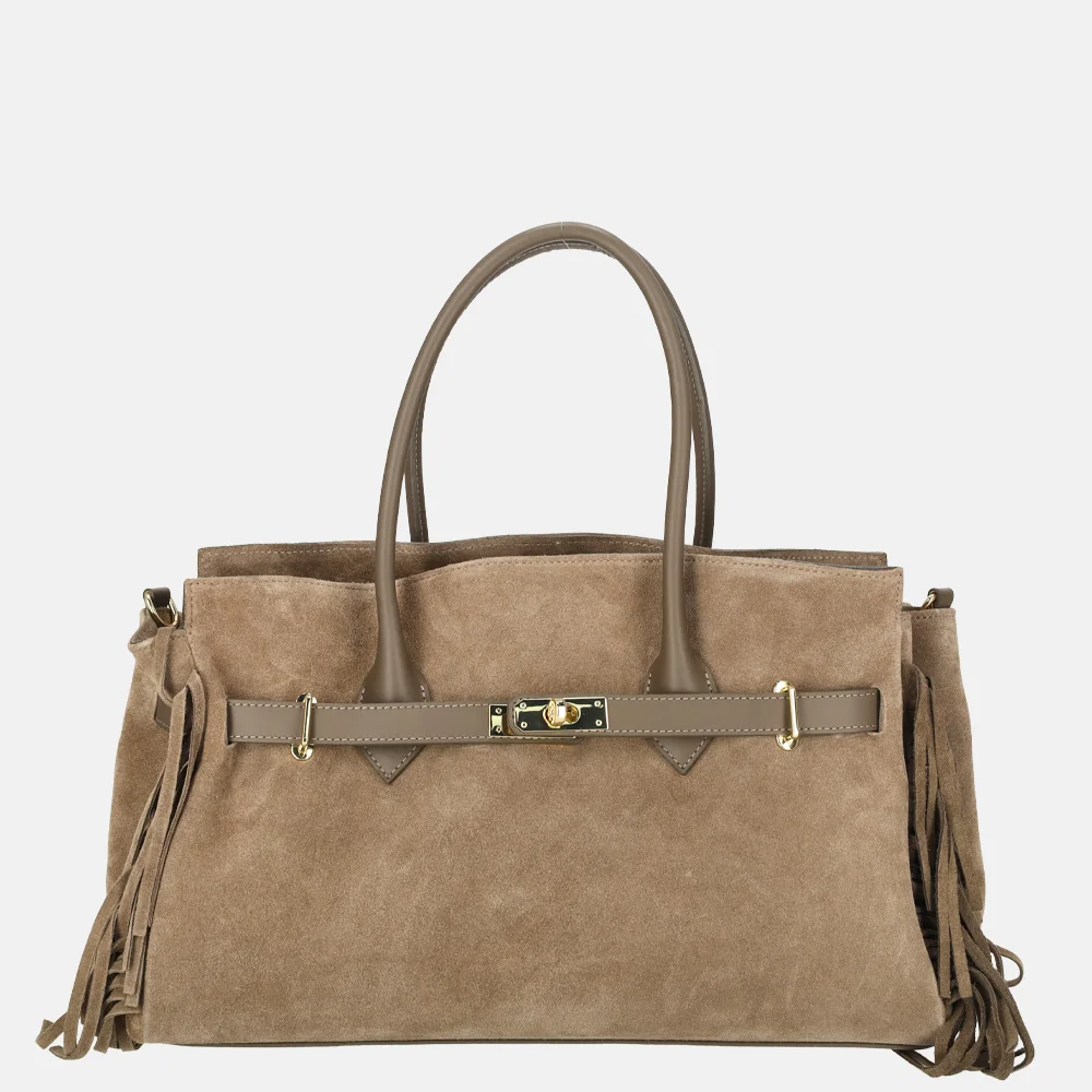 Charm London Suede handtas franjes darktaupe bij Duifhuizen