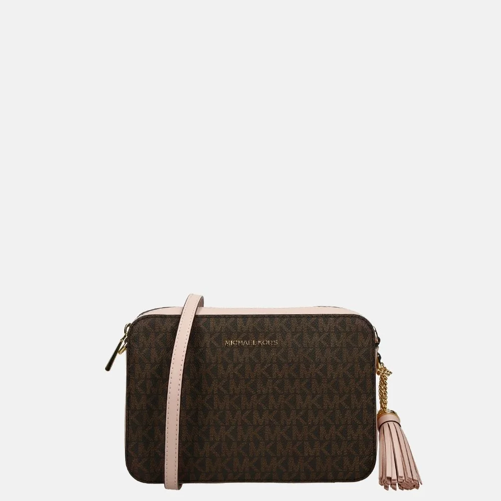 Michael Kors Jet Set camera bag crossbody tas brown/soft pink logo bij Duifhuizen