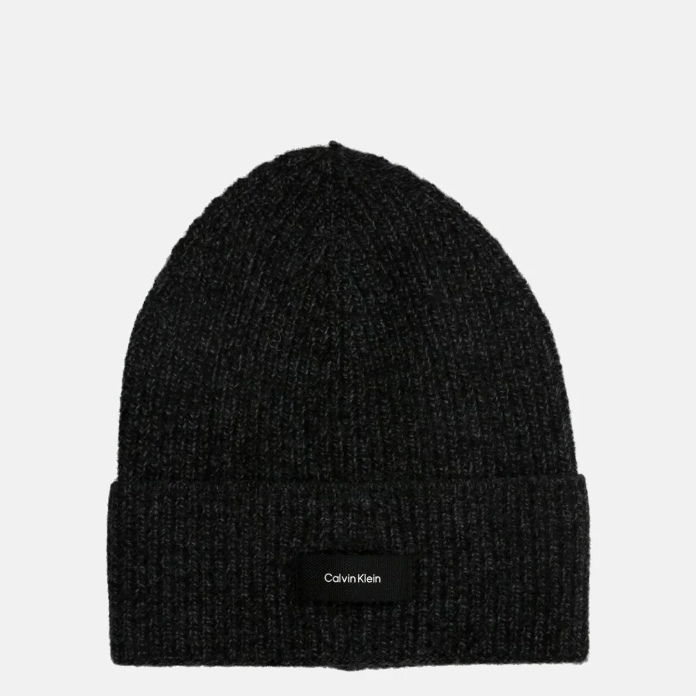 Calvin Klein Daddy Wool Rib beanie muts black bij Duifhuizen