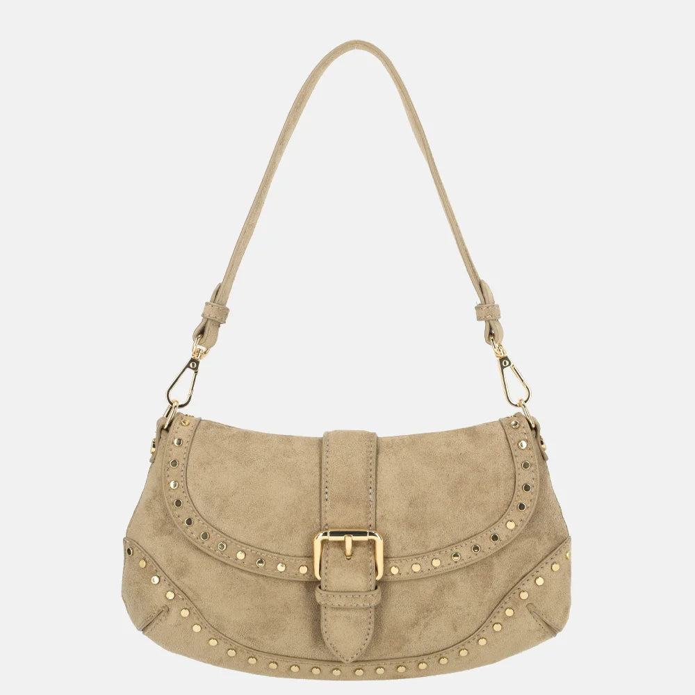 Flora & Co schoudertas overslag suedine studs taupe bij Duifhuizen