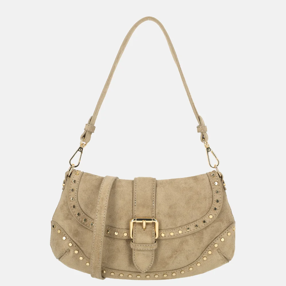 Flora & Co schoudertas overslag suedine studs taupe