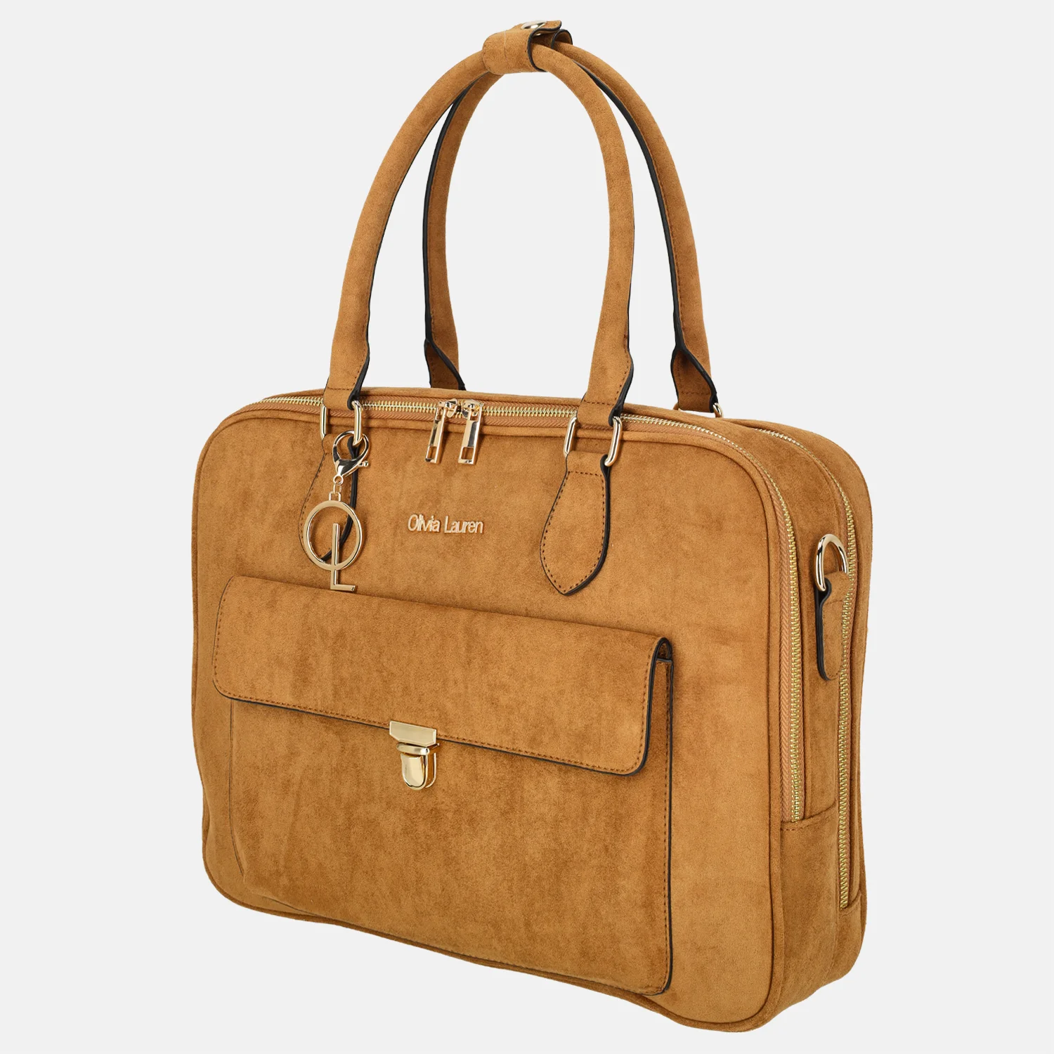 Olivia Lauren businesstas suedine 16 inch cognac bij Duifhuizen