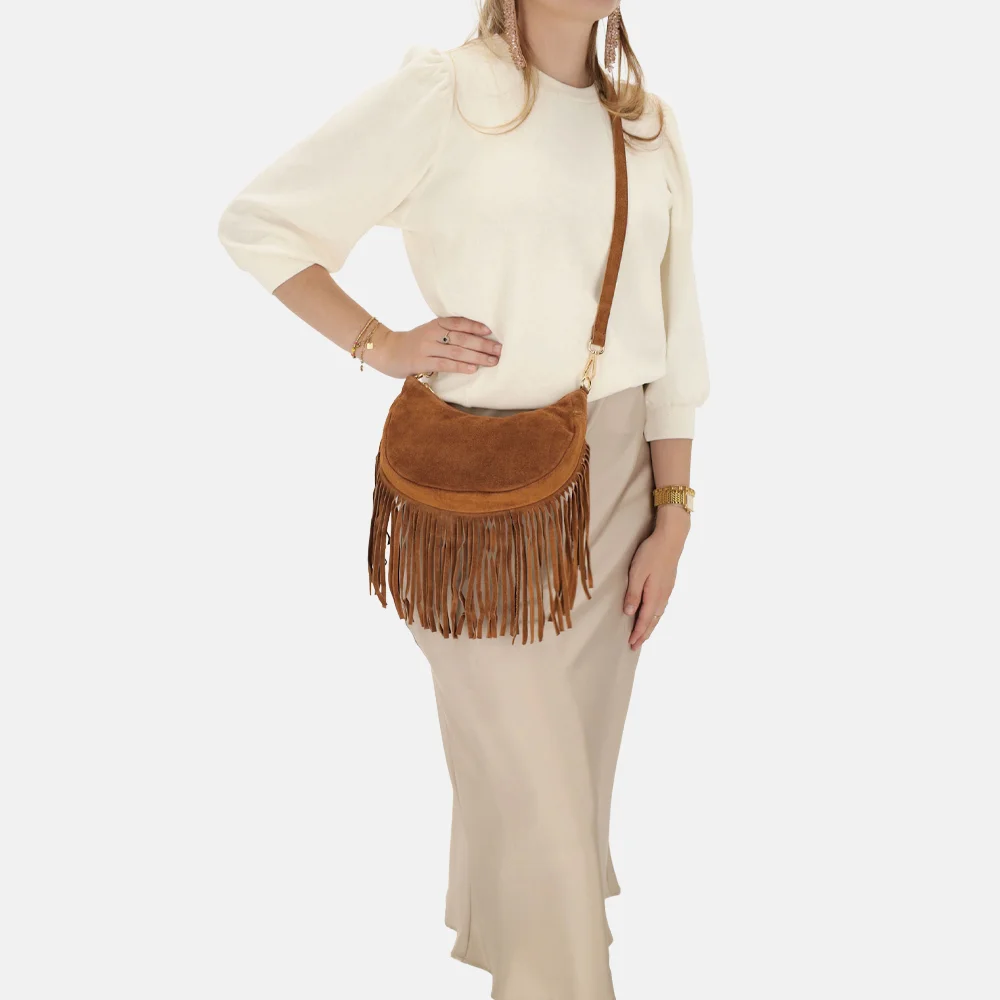 Charm London suède crossbody tas S franjes cognac bij Duifhuizen