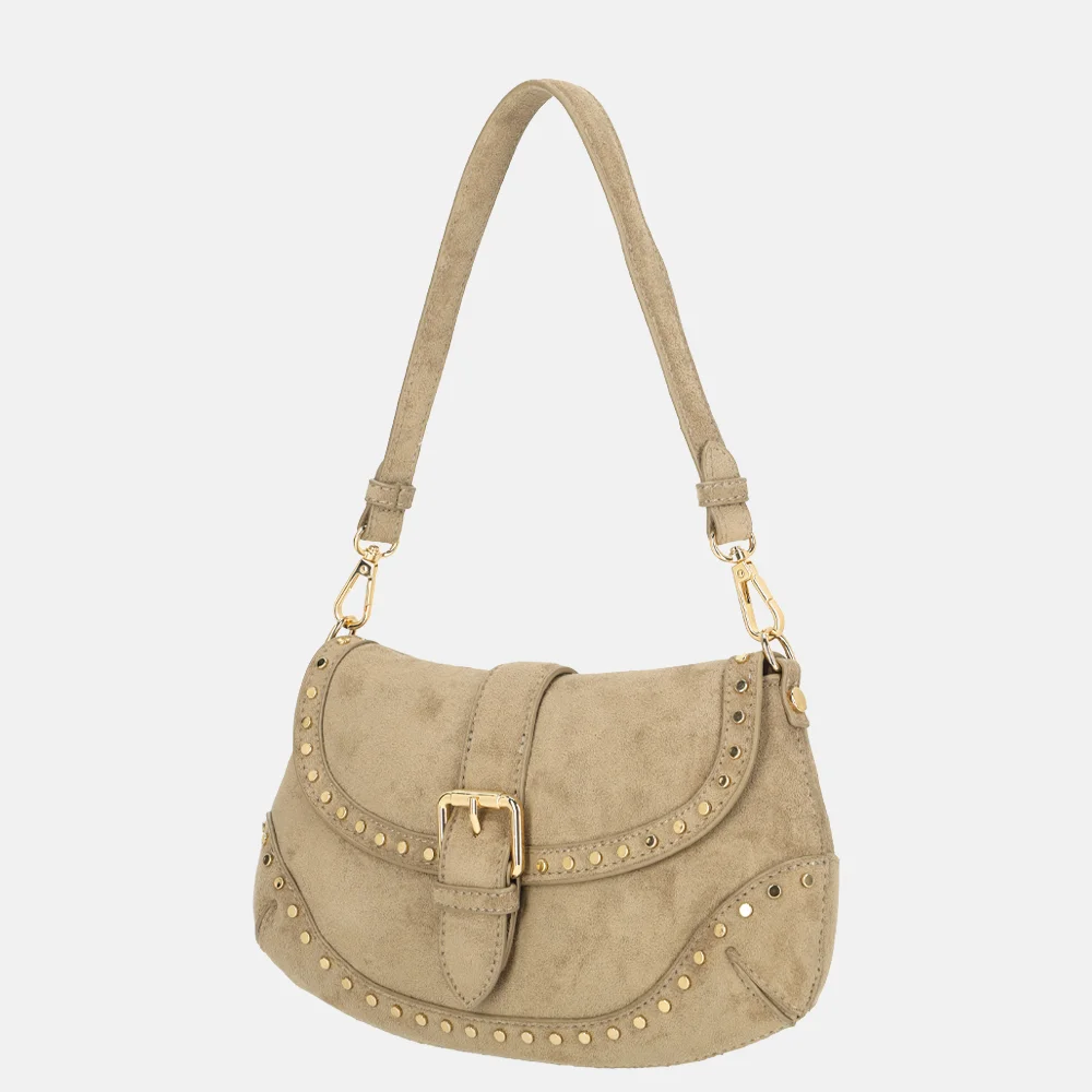 Flora & Co schoudertas overslag suedine studs taupe bij Duifhuizen
