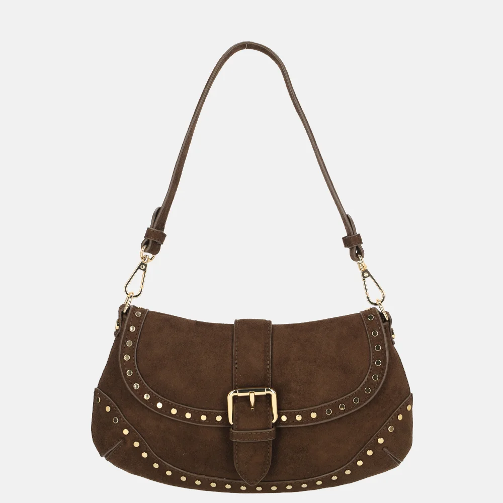 Flora & Co schoudertas overslag suedine studs chocolat bij Duifhuizen