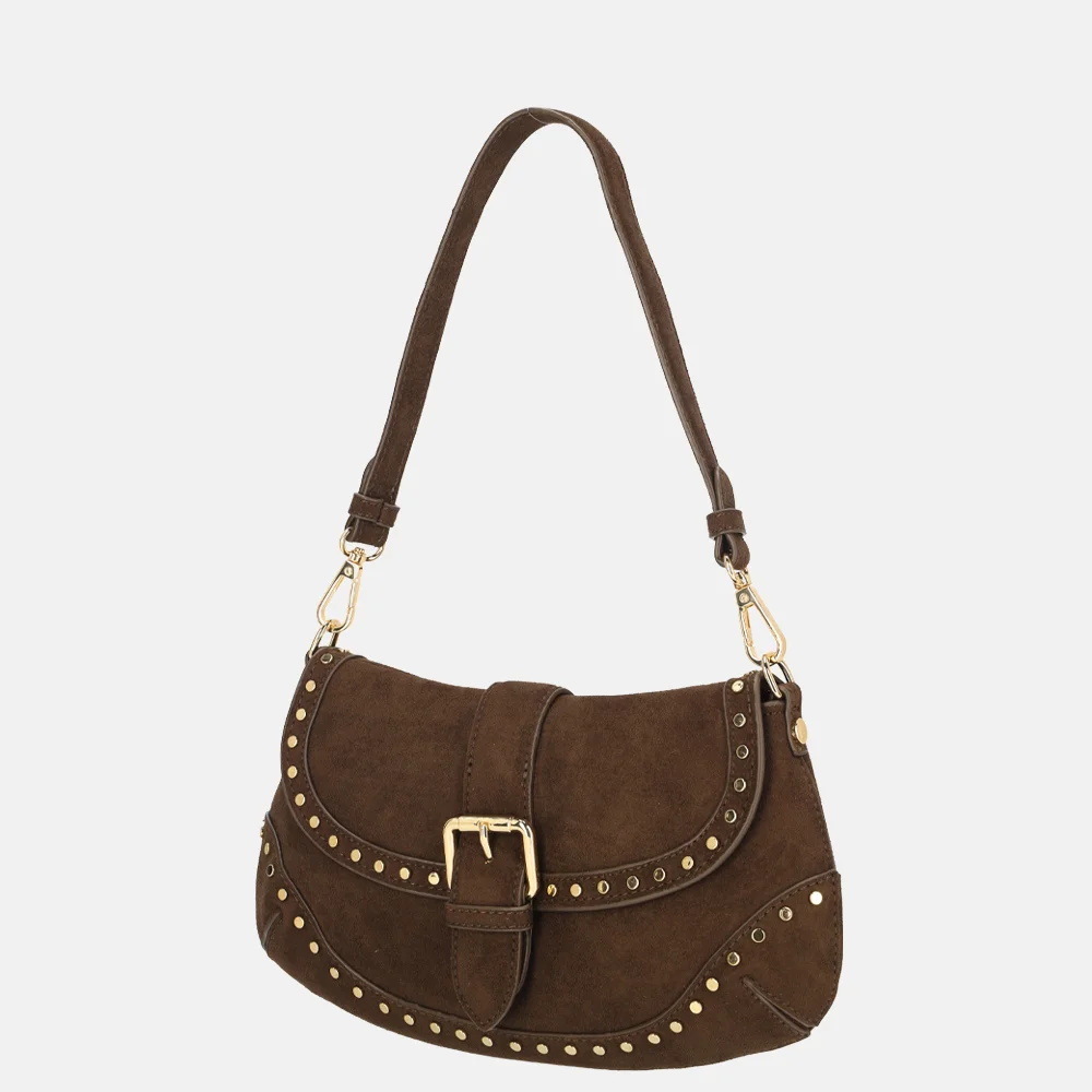 Flora & Co schoudertas overslag suedine studs chocolat bij Duifhuizen