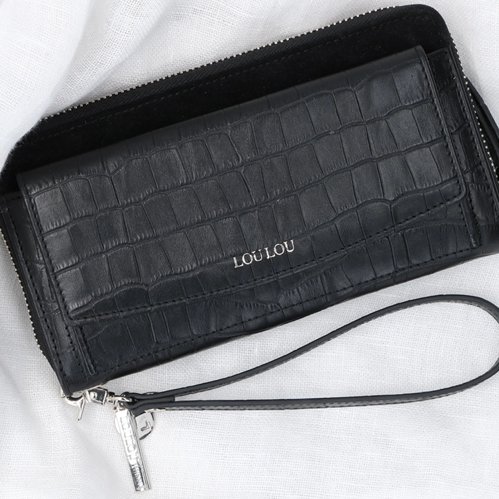 Loulou Essentiels Classy Croco portemonnee black bij Duifhuizen
