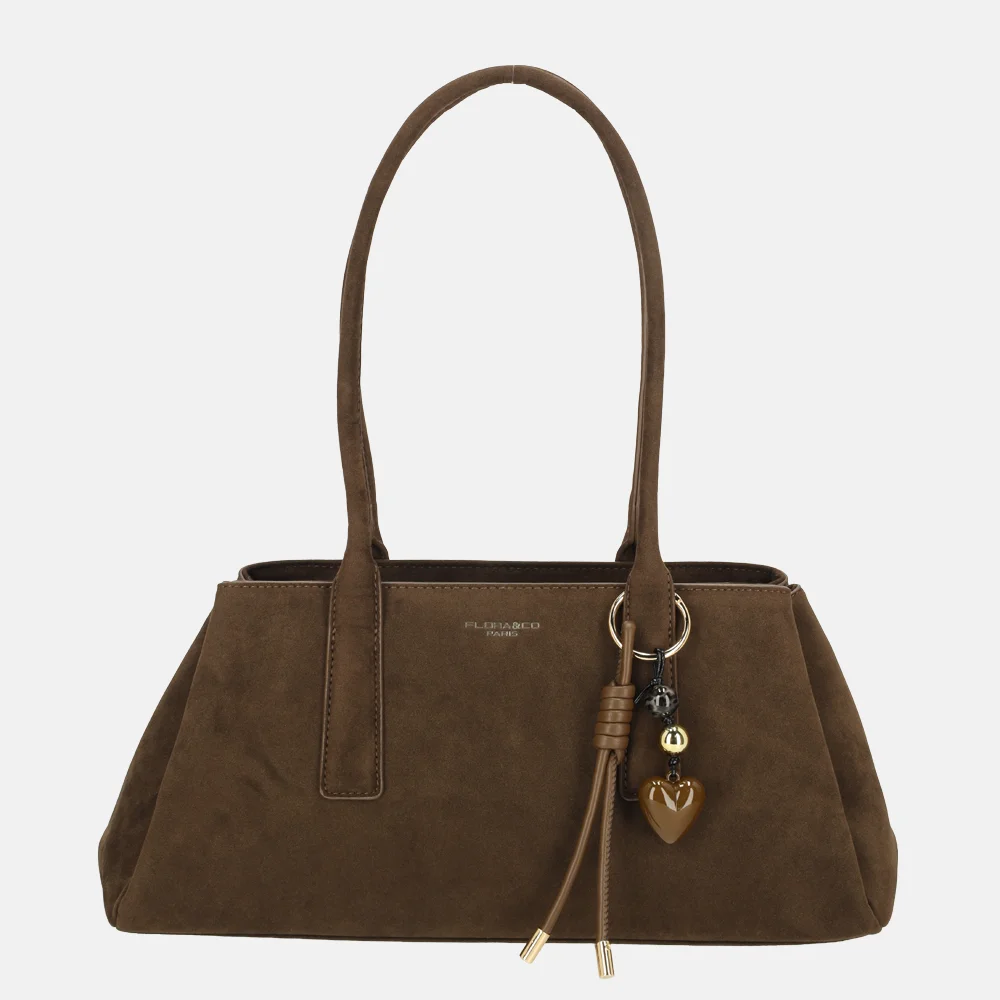 Flora & Co schoudertas suedine chocolat bij Duifhuizen