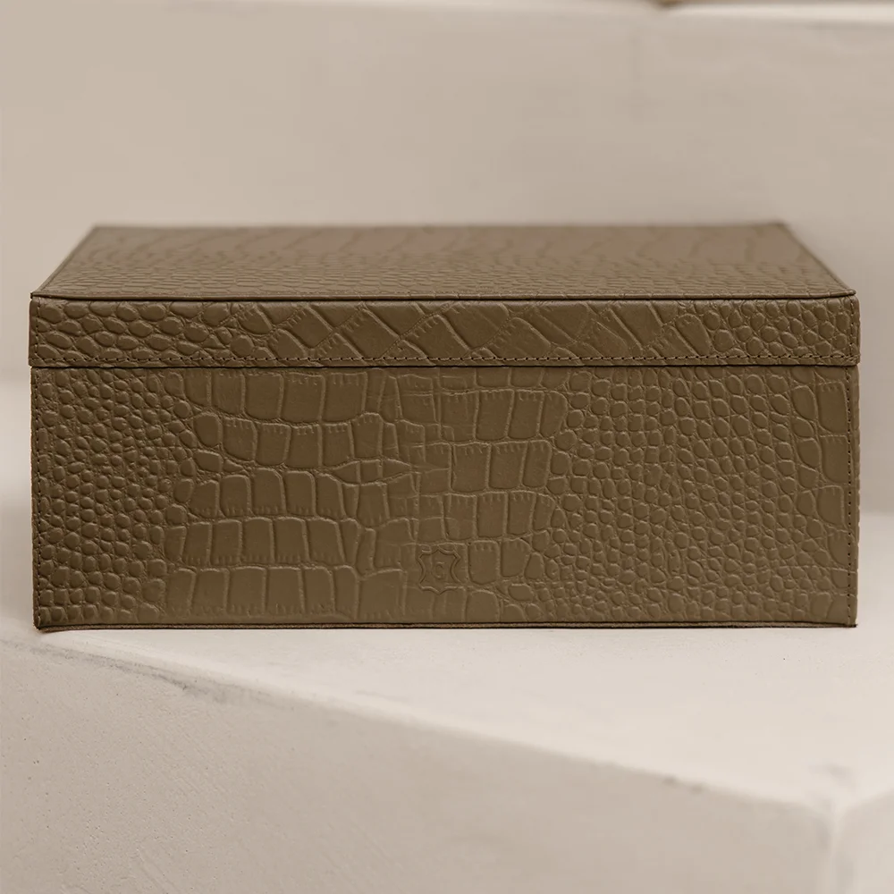 Chamada leren opbergbox rechthoek croco large taupe bij Duifhuizen
