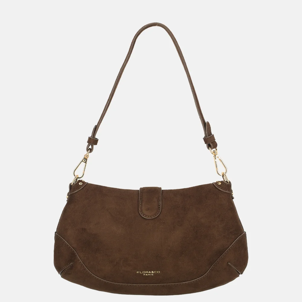 Flora & Co schoudertas overslag suedine studs chocolat bij Duifhuizen
