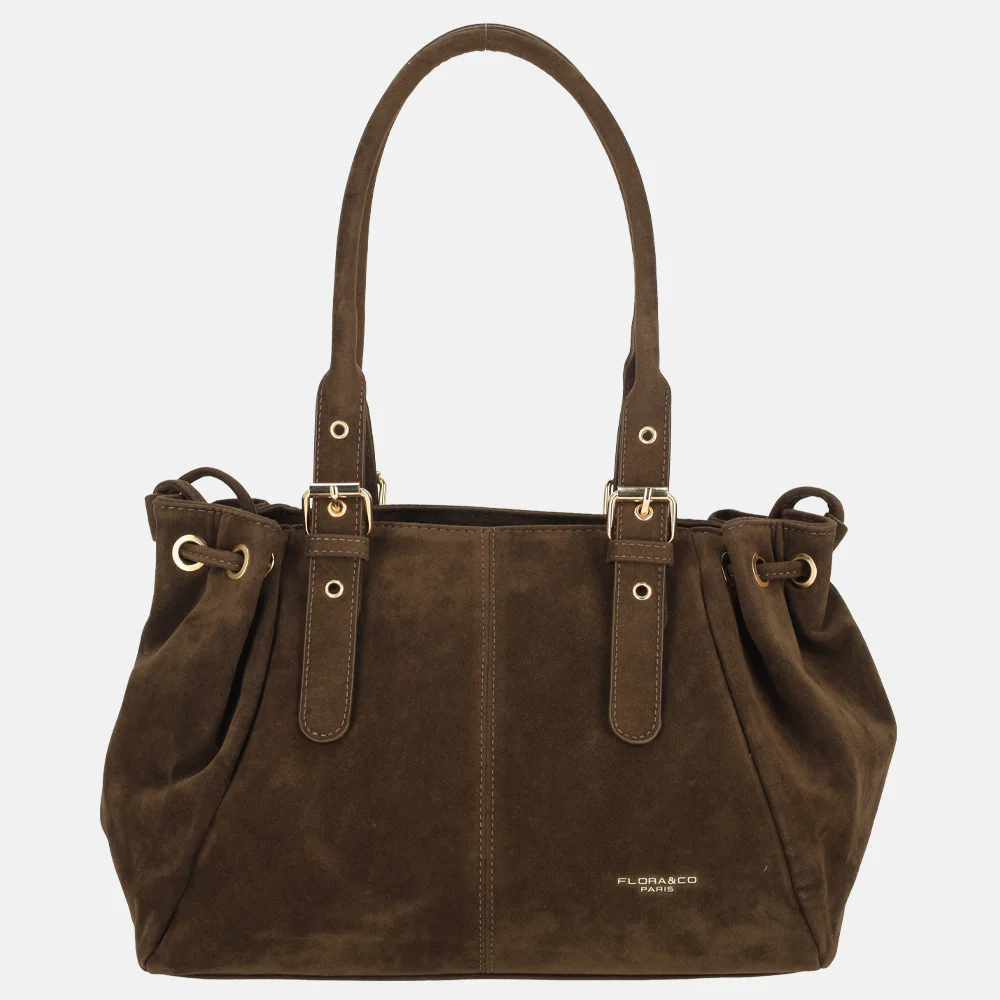 Flora & Co Suedine schoudertas chocolat bij Duifhuizen