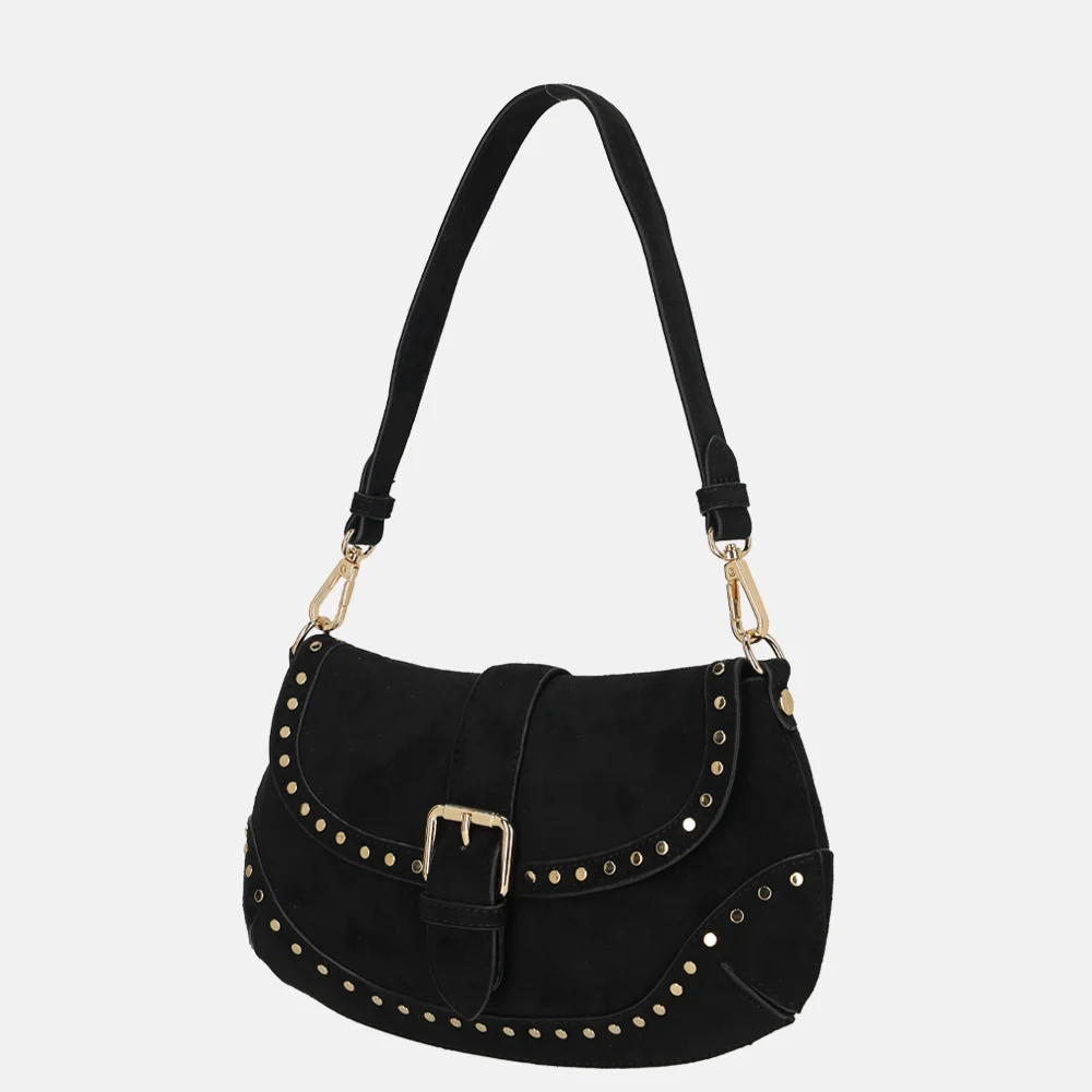 Flora & Co schoudertas overslag suedine studs noir bij Duifhuizen